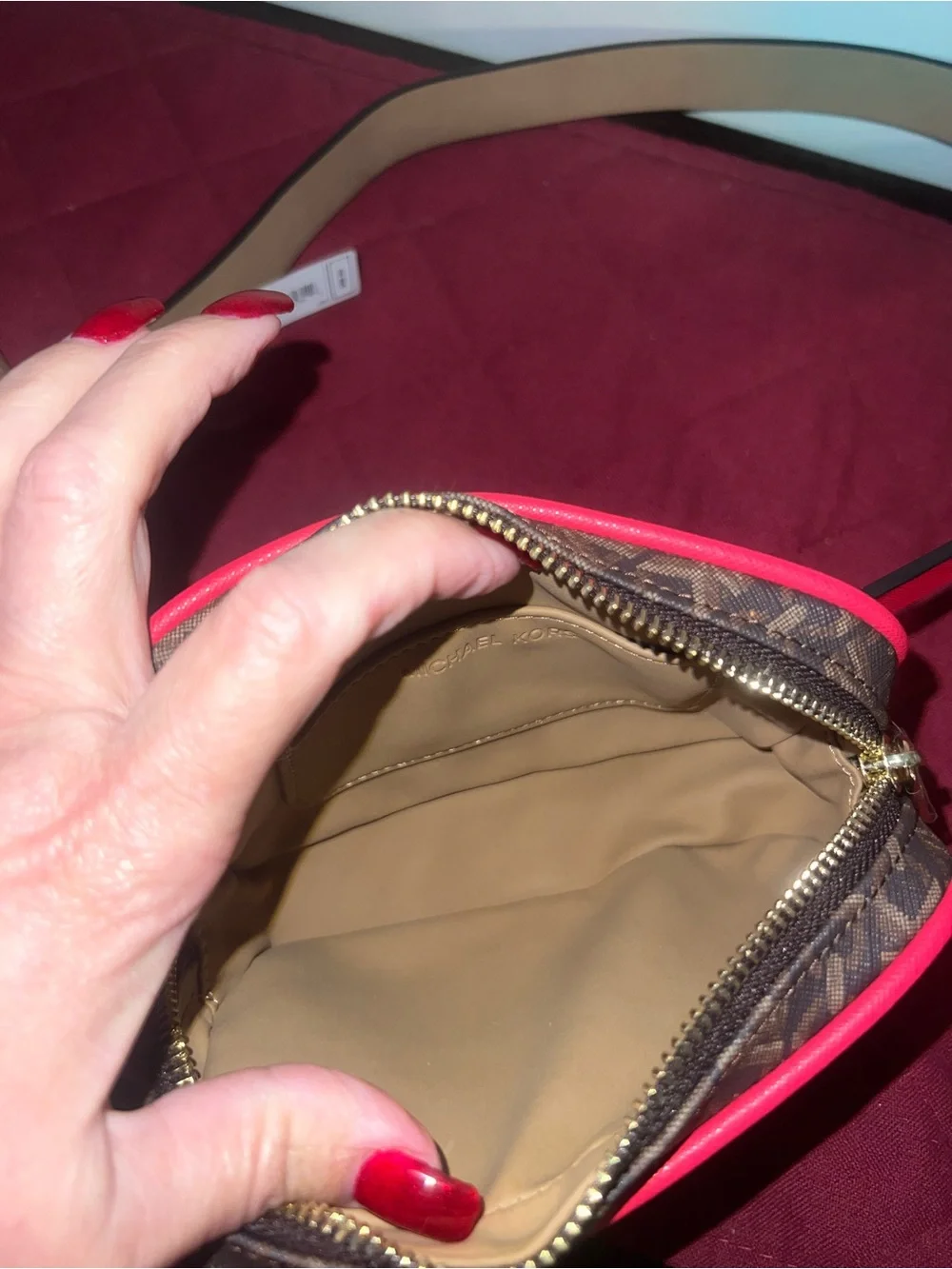 Michael Kors Brown Monogram Crossbody with Pink Trim
